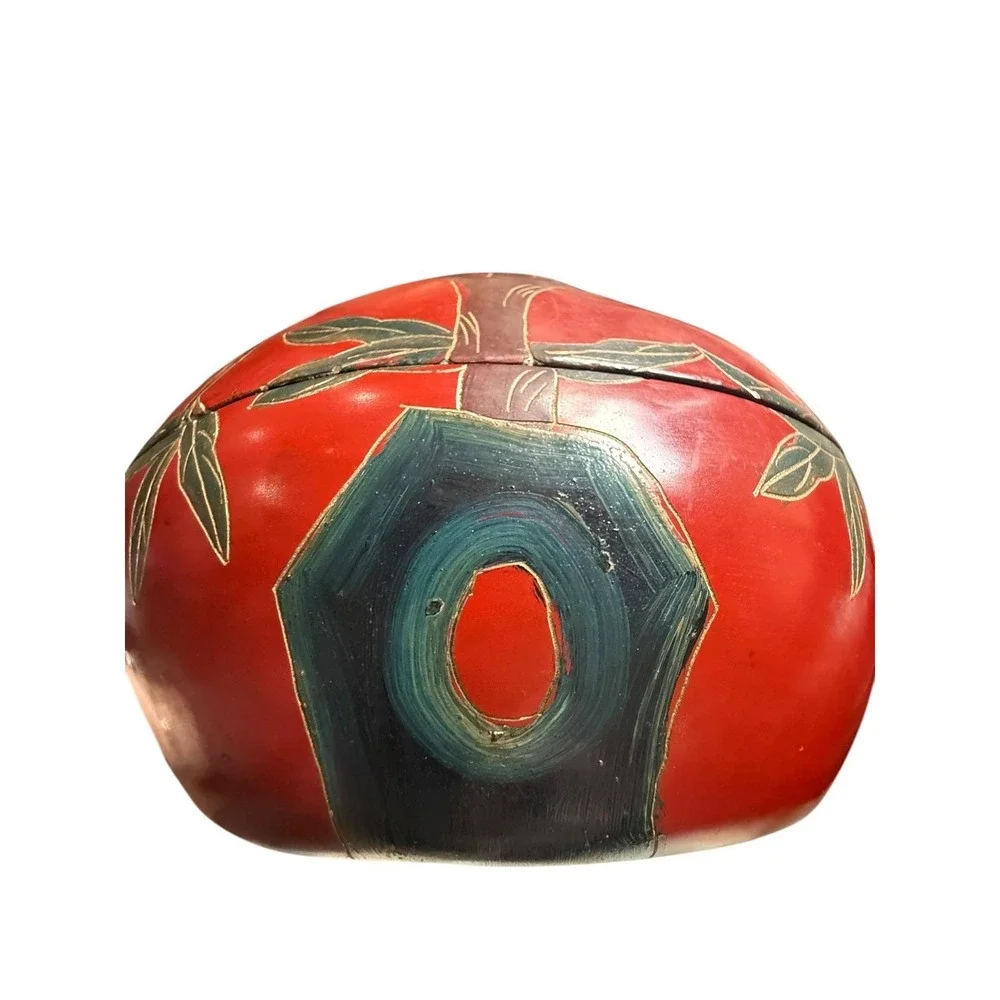 Vintage Japanese Red Lacquer Box Floral Trinket Bowl‎ Lidded Wood Decor